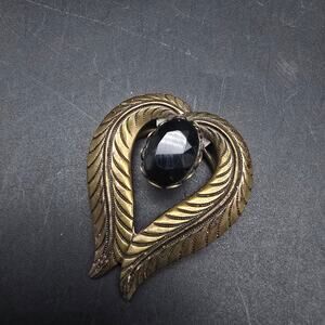 Jeri Lou Bronze Tone Scarf Clip Dress Clip Leaf Design Black Vintage
